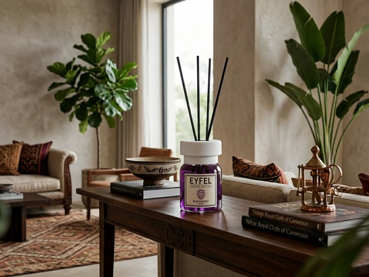 Luxe reed diffuser styled in an elegant interior